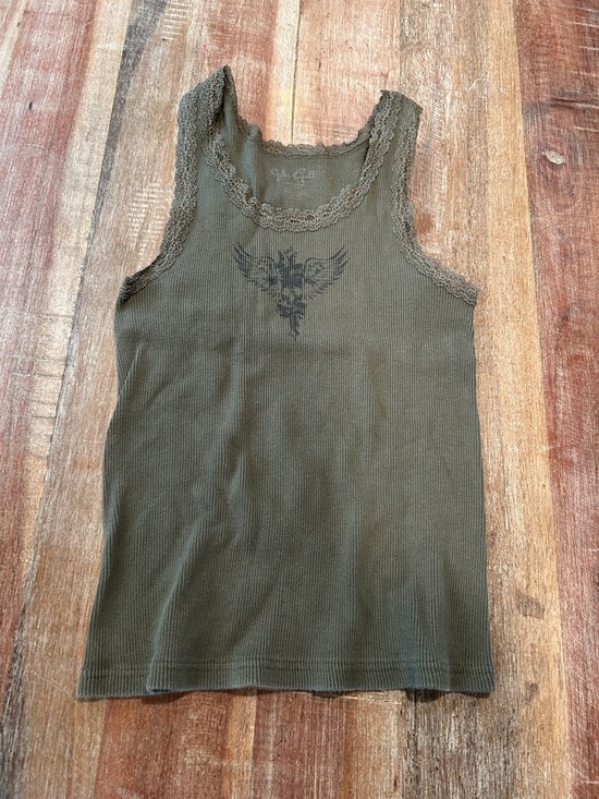Brandy Melville Tops - Brandy Melville Olive Lace-Trim Ribbed Tank with Black Wing Graphic